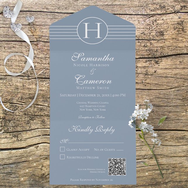Deco Monogram Modern Dusty Blue QR Code All In One Invitation (Creator Uploaded)