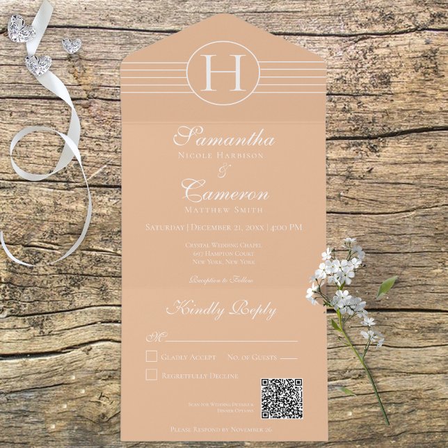 Deco Monogram Modern Peach Blush QR Code All In One Invitation (Creator Uploaded)