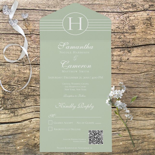 Deco Monogram Modern Sage Green QR Code All In One Invitation (Creator Uploaded)
