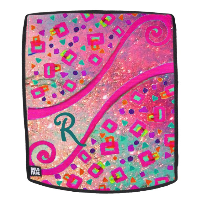 DECO MONOGRAM Pink Fuchsia Blue Green Dots Squares Backpack (Removable Face)