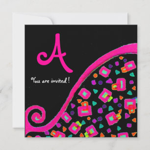 DECO MONOGRAM,Pink Violet Fuchsia Black Invitation
