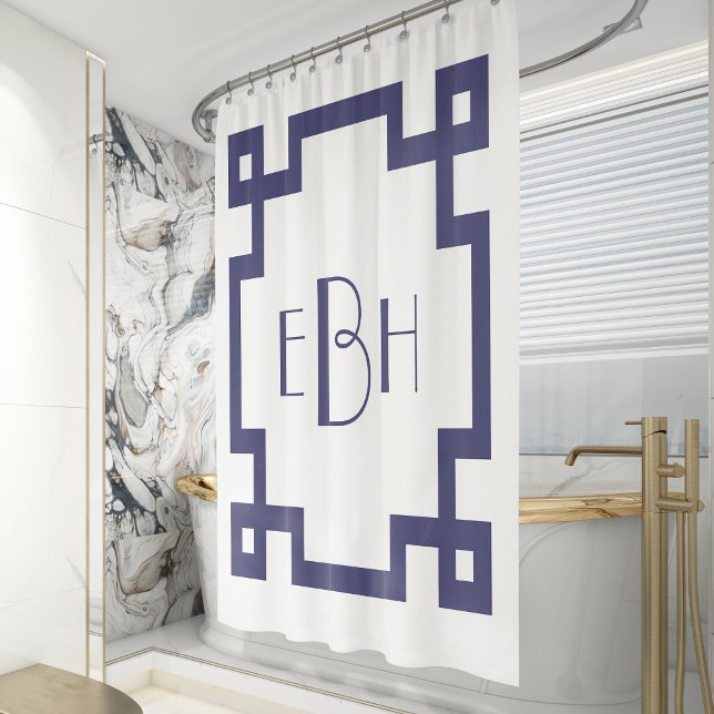 Deco Monogram White Navy Blue Greek Key Border Shower Curtain (Creator Uploaded)