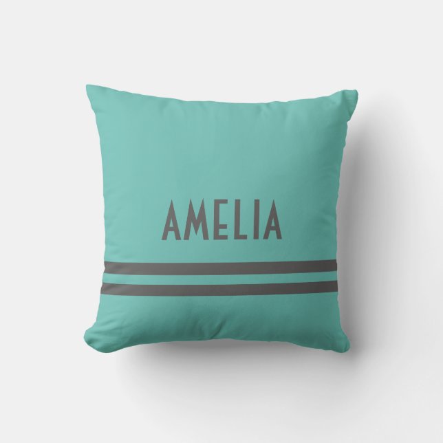 Deco Stripes Name Monogram Grey Bright Teal Cushion (Front)
