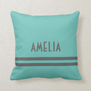 Deco Stripes Name Monogram Grey Bright Teal Cushion