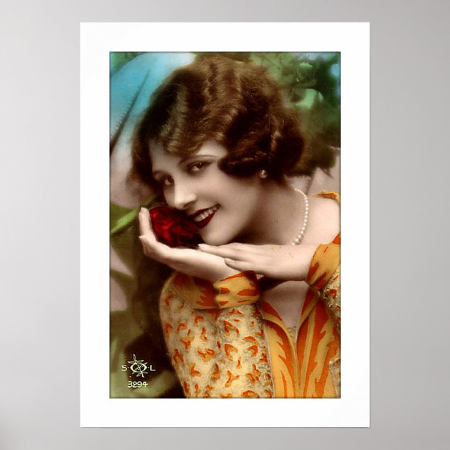 deco woman with lovely rose, pearls, flirty poster (Front)