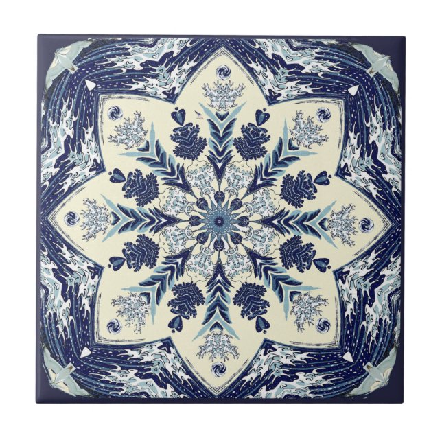 Deconstructed Great Blue Wave Mandala Ceramic Tile (Front)
