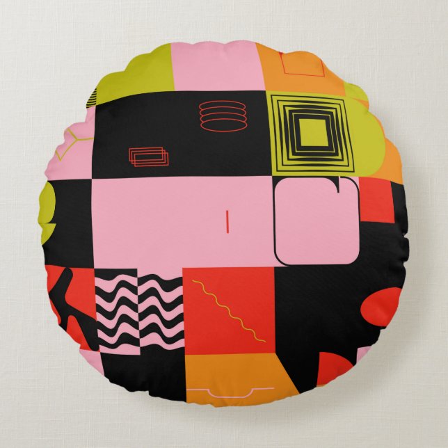 Deconstructed postmodern inspired artwork of abstr round cushion (Front)
