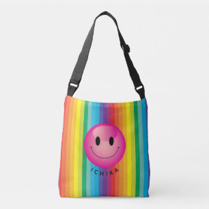 Decora Kei Rainbow Striped Smiling Emoji Face Crossbody Bag
