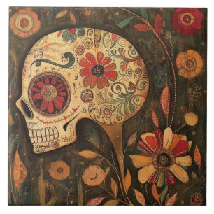 Decorated Autumn Day Of The Dead Skull Ceramic Tile