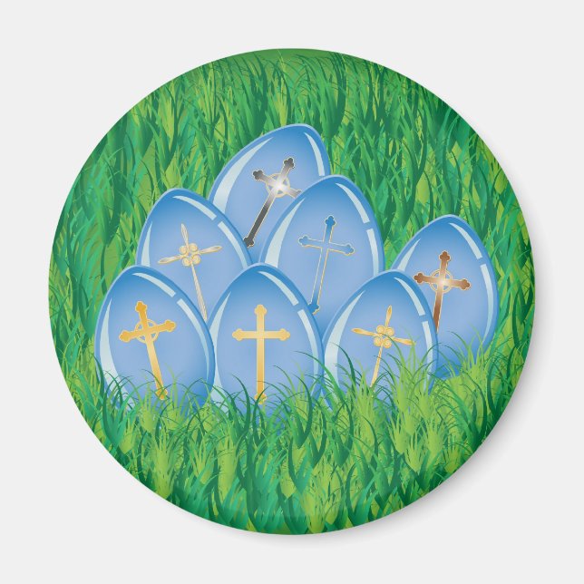 Decorated blue Easter eggs on grass Magnet (Front)