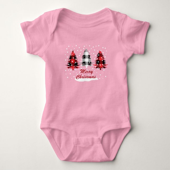 Decorated buffalo plaid christmas pine trees baby bodysuit (Front)