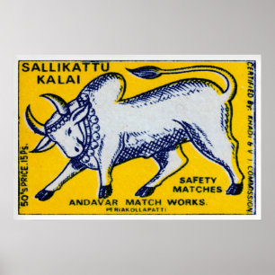 Decorated Bull Matchbox Art Print, Indian Vintage Poster