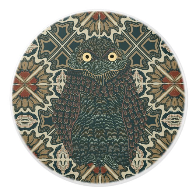Decorated Burrowing Owl Golden Brown Tones Ceramic Knob (Front)
