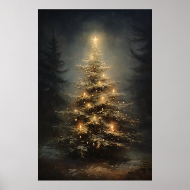 Decorated Christmas Tree In Forest At Night Poster (Front)