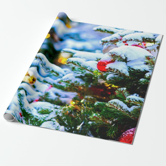 Decorated Christmas Tree, Snow, Lights Wrapping Paper (Unrolled)
