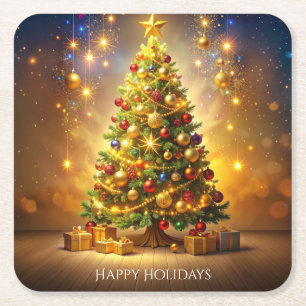 Decorated Christmas Tree Square Paper Coaster