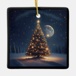 Decorated Christmas Tree Under Moon Light Ceramic Ornament