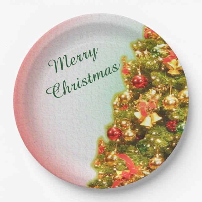 Decorated Christmas tree with merry christmas text Paper Plate (Front)