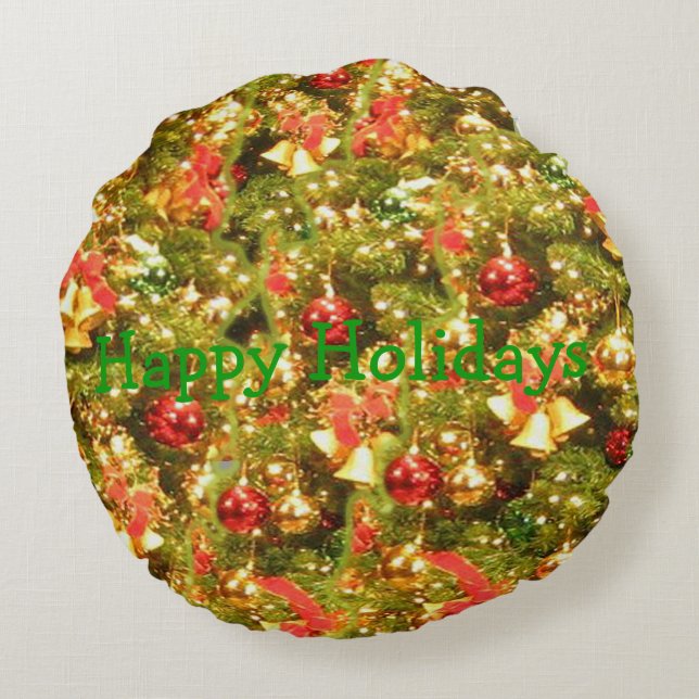 decorated christmas tree with text round cushion (Back)