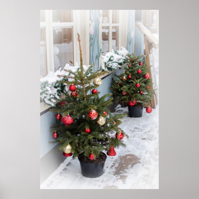 Decorated Christmas trees on street. Poster (Front)