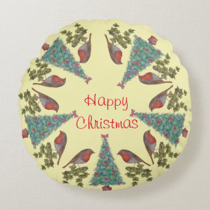 decorated christmas trees with ivy and robins round cushion