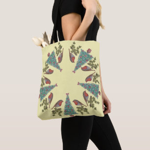 decorated christmas trees with ivy and robins tote bag