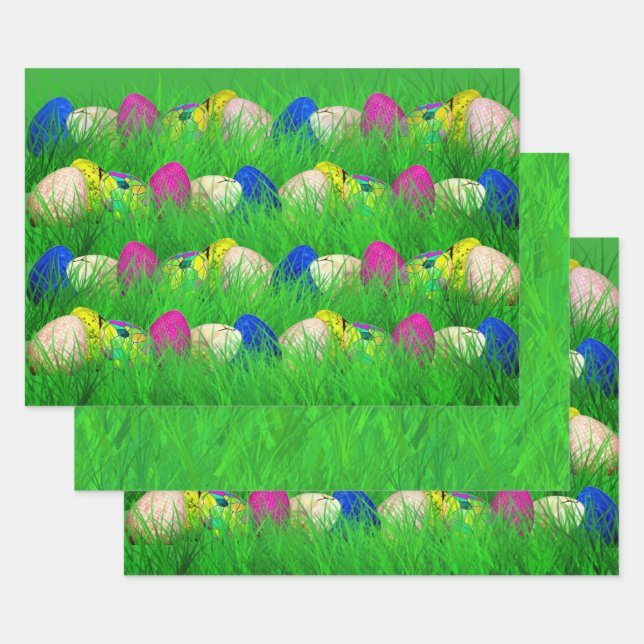 Decorated Easter Eggs Green Grass Floral Photo Wrapping Paper Sheet (Set)