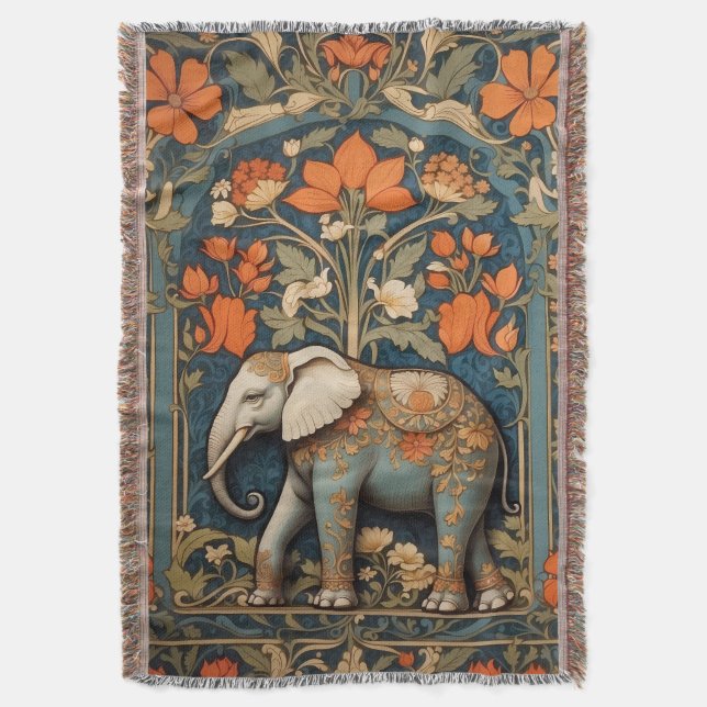 Decorated Elephant William Morris Inspired Floral Throw Blanket (Front Vertical)