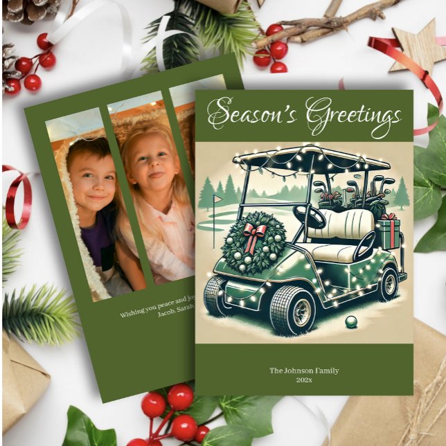 Decorated Golf Cart • Olive Green Photo Holiday Card (Creator Uploaded)
