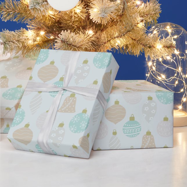 Decorated Holiday Ornaments Light Green Christmas Wrapping Paper (Holidays)