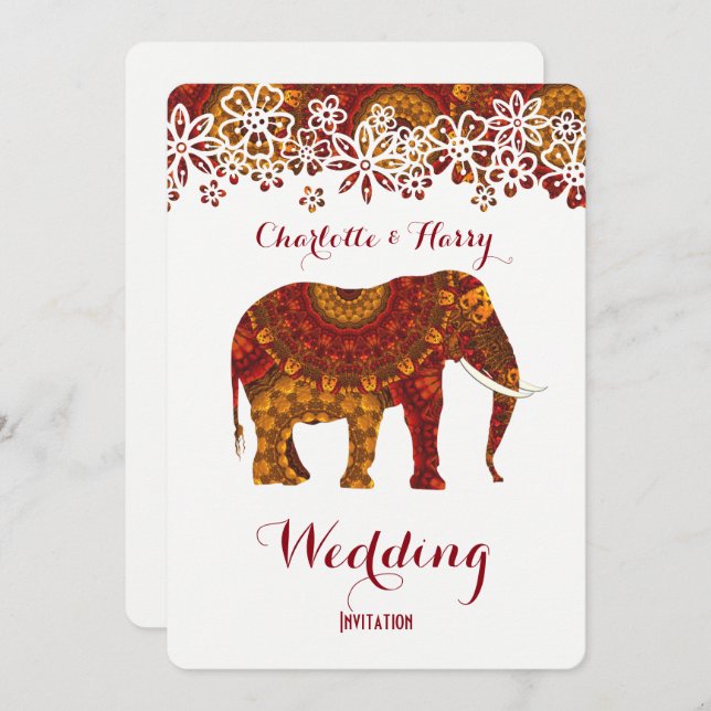 Decorated Indian Ornate Elephant Design Invitation (Front/Back)