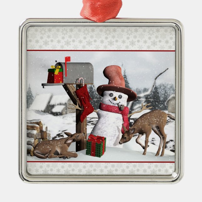 Decorated Mailbox Snowman Deer Silver Ornament (Front)