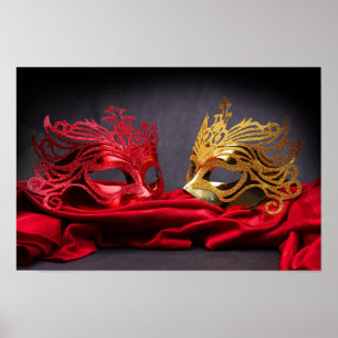 Decorated masquerade mask on red velvet poster