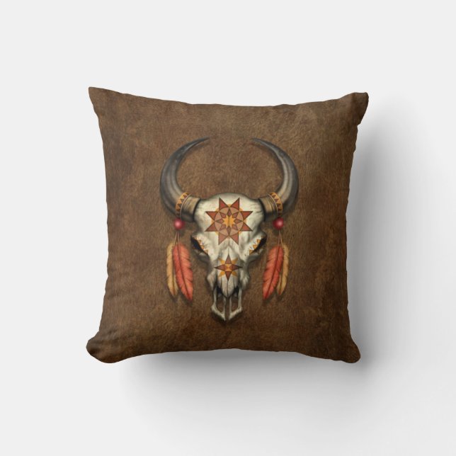 Decorated Native Bull Skull with Feathers Cushion (Front)