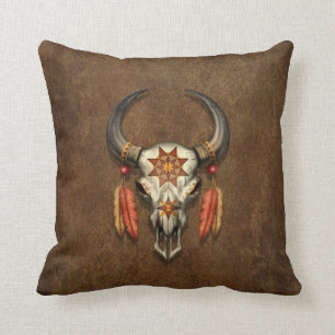 Decorated Native Bull Skull with Feathers Cushion