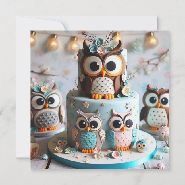 DECORATED OWL THEMED BIRTHDAY CAKE  INVITATION (Front)