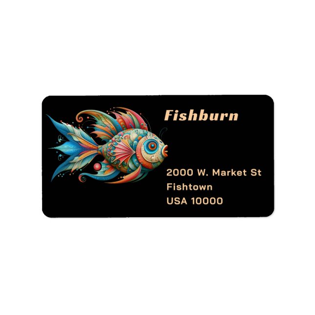 Decorated Painted Fish on Black Address Label (Front)