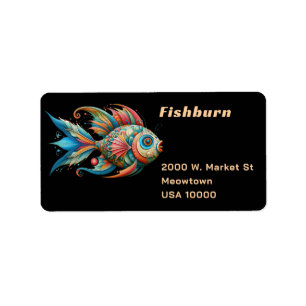 Decorated Painted Fish on Black Label
