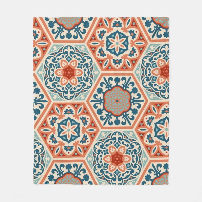 Decorated patterned hexagon cement ceramic tiles,  fleece blanket (Front)