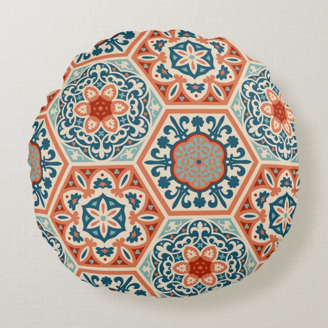 Decorated patterned hexagon cement ceramic tiles,  round cushion (Front)