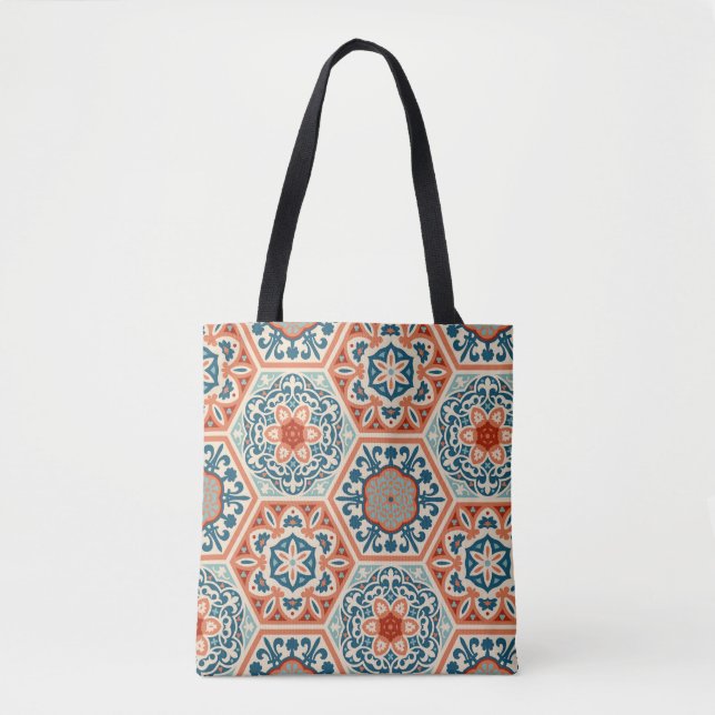 Decorated patterned hexagon cement ceramic tiles,  tote bag (Front)