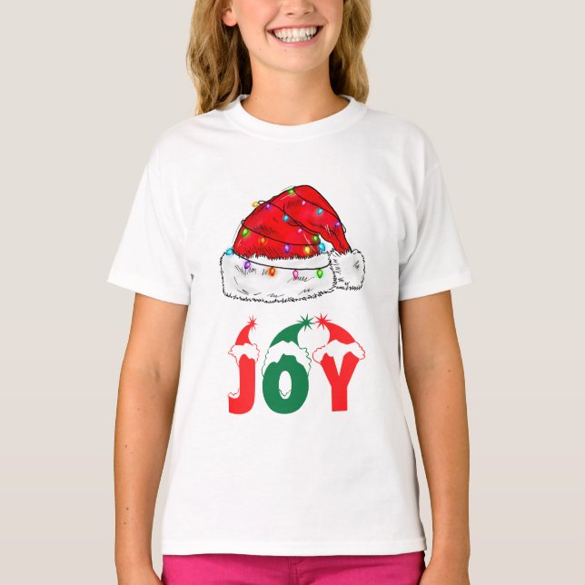 Decorated Red Santa Hat and JOY Text T-Shirt (Front)