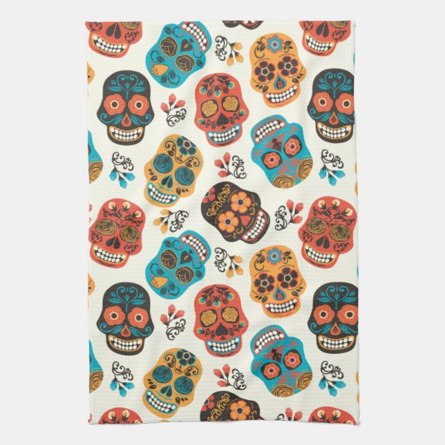 Decorated Skulls Background Tea Towel (Vertical)