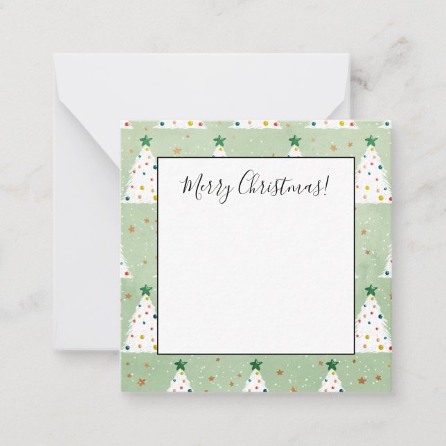 Decorated White Xmas Trees Green Star & Ornaments Card (Front)