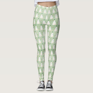 Decorated White Xmas Trees Green Star & Ornaments Leggings