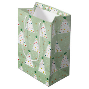 Decorated White Xmas Trees Green Star & Ornaments Medium Gift Bag