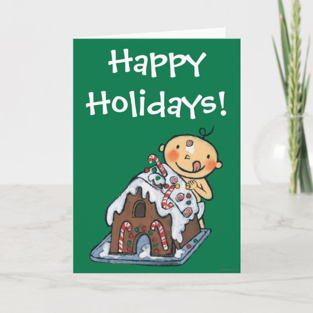 Decorating a Gingerbread House for Christmas Holiday Card (Front)