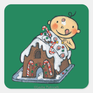 Decorating a Gingerbread House for Christmas Square Sticker