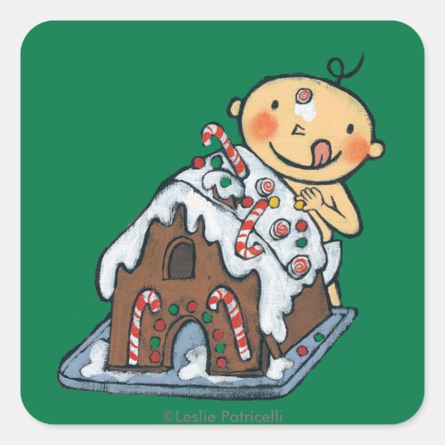 Decorating a Gingerbread House for Christmas Square Sticker (Front)