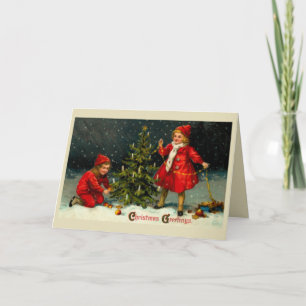 Decorating the Christmas tree-kids Holiday Card